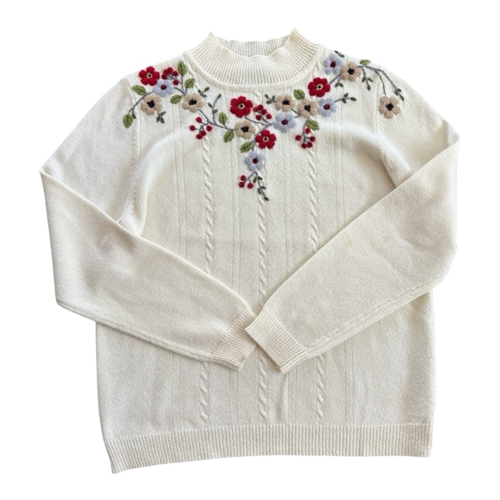 Floral Embroidered Women's Sweater - Cream with Red Accents